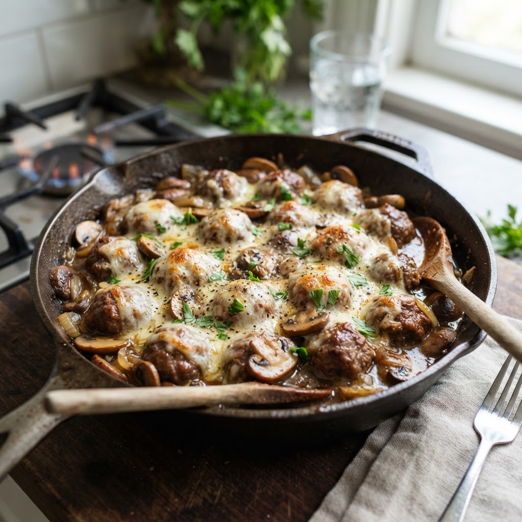 Mushroom Swiss Meatball Skillet