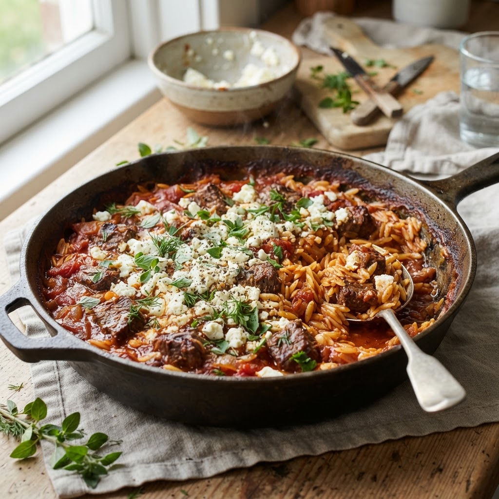 Greek Beef Orzo Bake