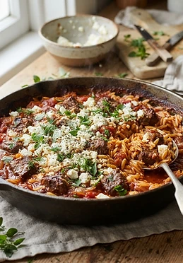 Greek Beef Orzo Bake