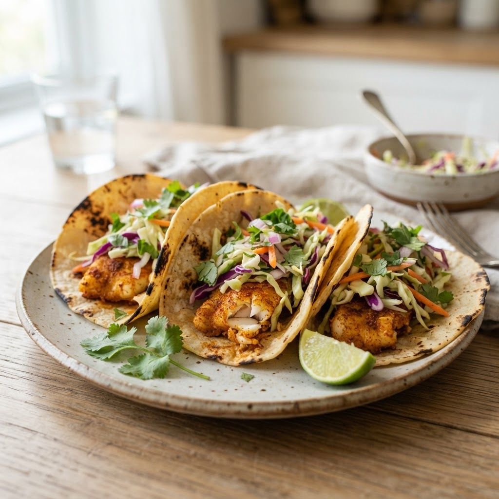 Spiced Cod Tacos with Cilantro-Lime Slaw