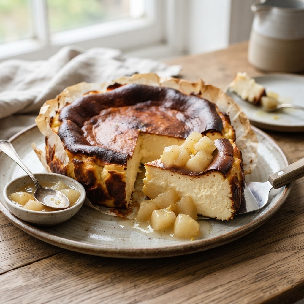 Basque Cheesecake with Pear Compote