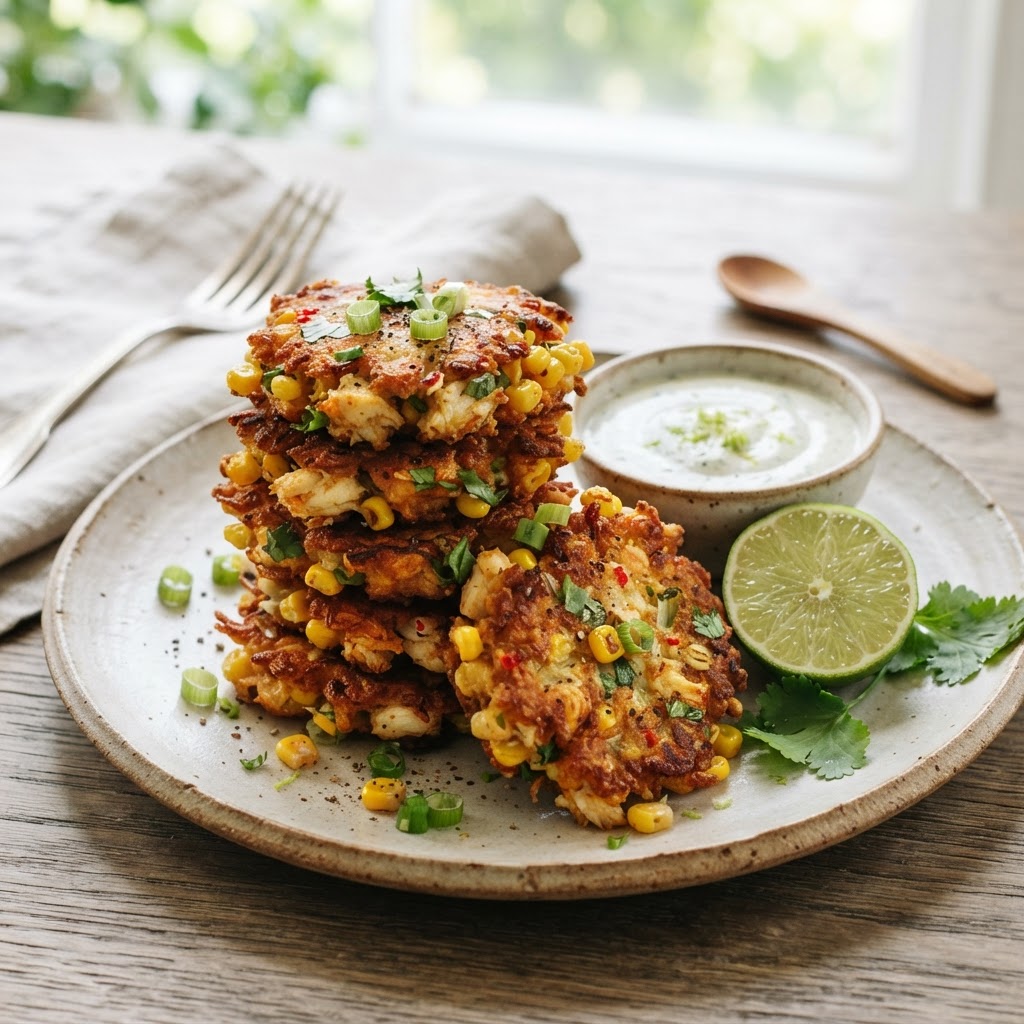 Crab and Sweet Corn Fritters with Lime