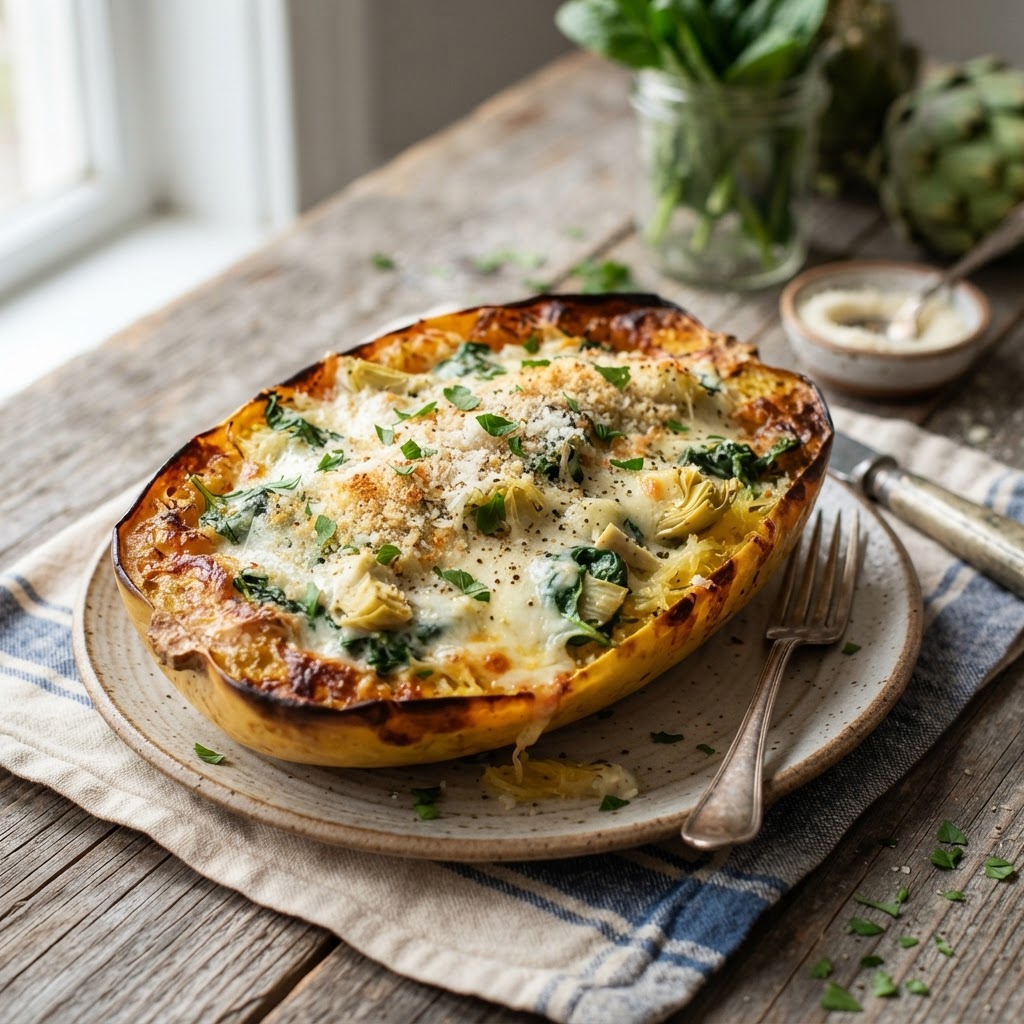 Spinach Artichoke Stuffed Spaghetti Squash
