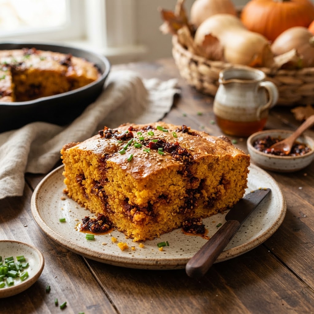 Savory Pumpkin Cornbread with Chili Crisp
