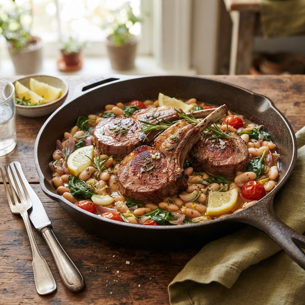 Garlic Rosemary Lamb Chops with White Beans