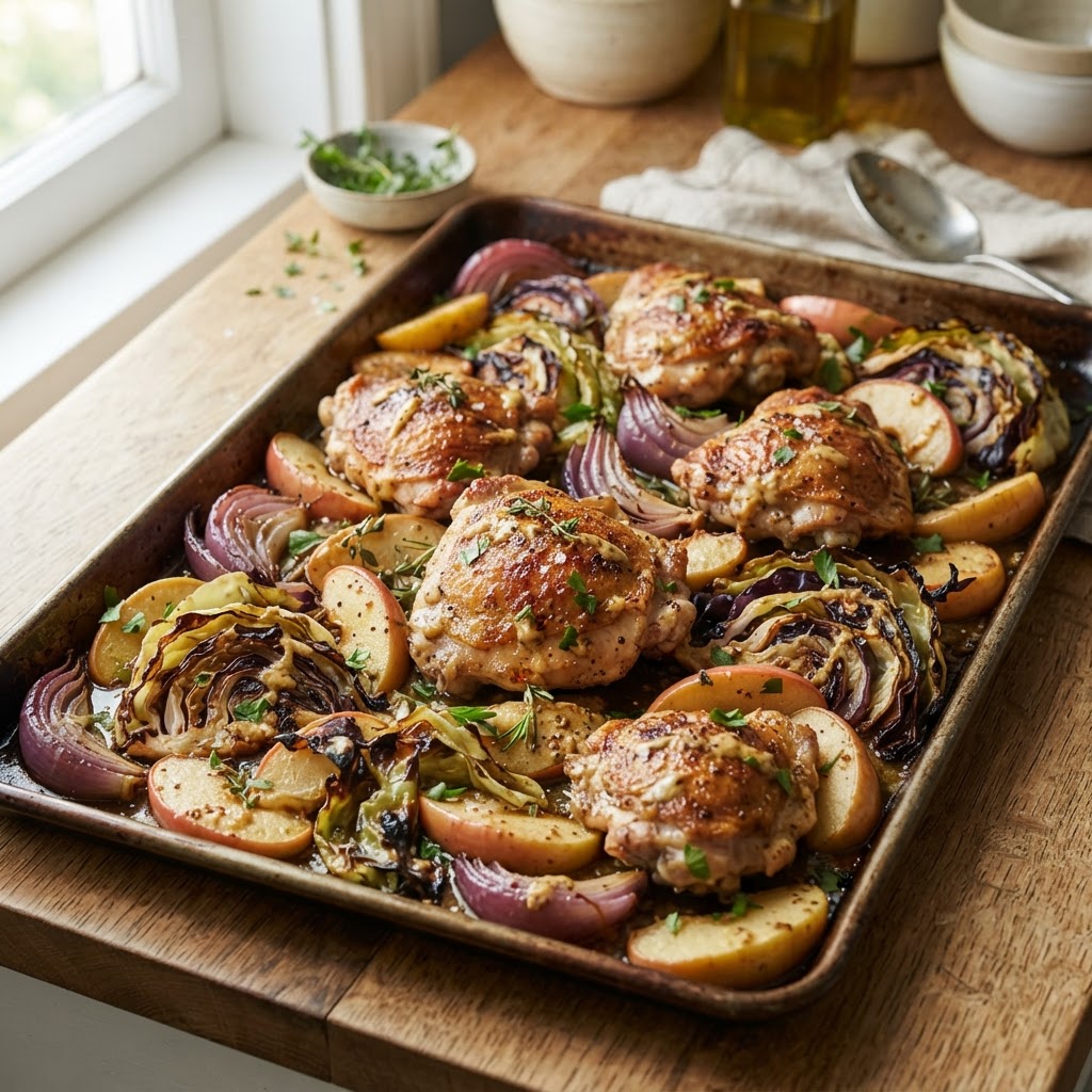 Sheet Pan Chicken Thighs with Apples and Cabbage