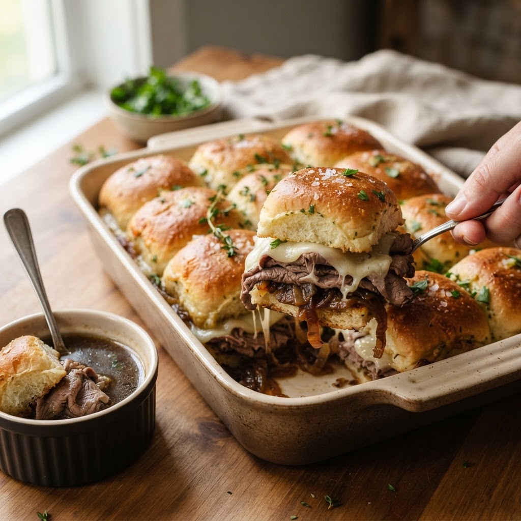 French Dip Roast Beef Sliders with Caramelized Onions