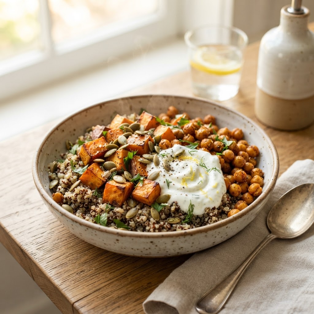 Sweet Potato Chickpea Quinoa Bowls with Lemon Yogurt