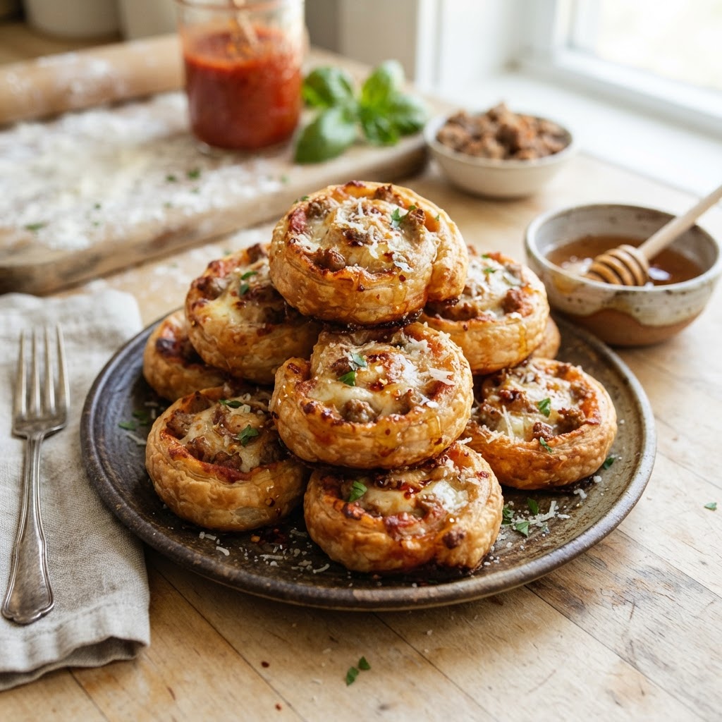 Hot Honey Sausage Pizza Pinwheels