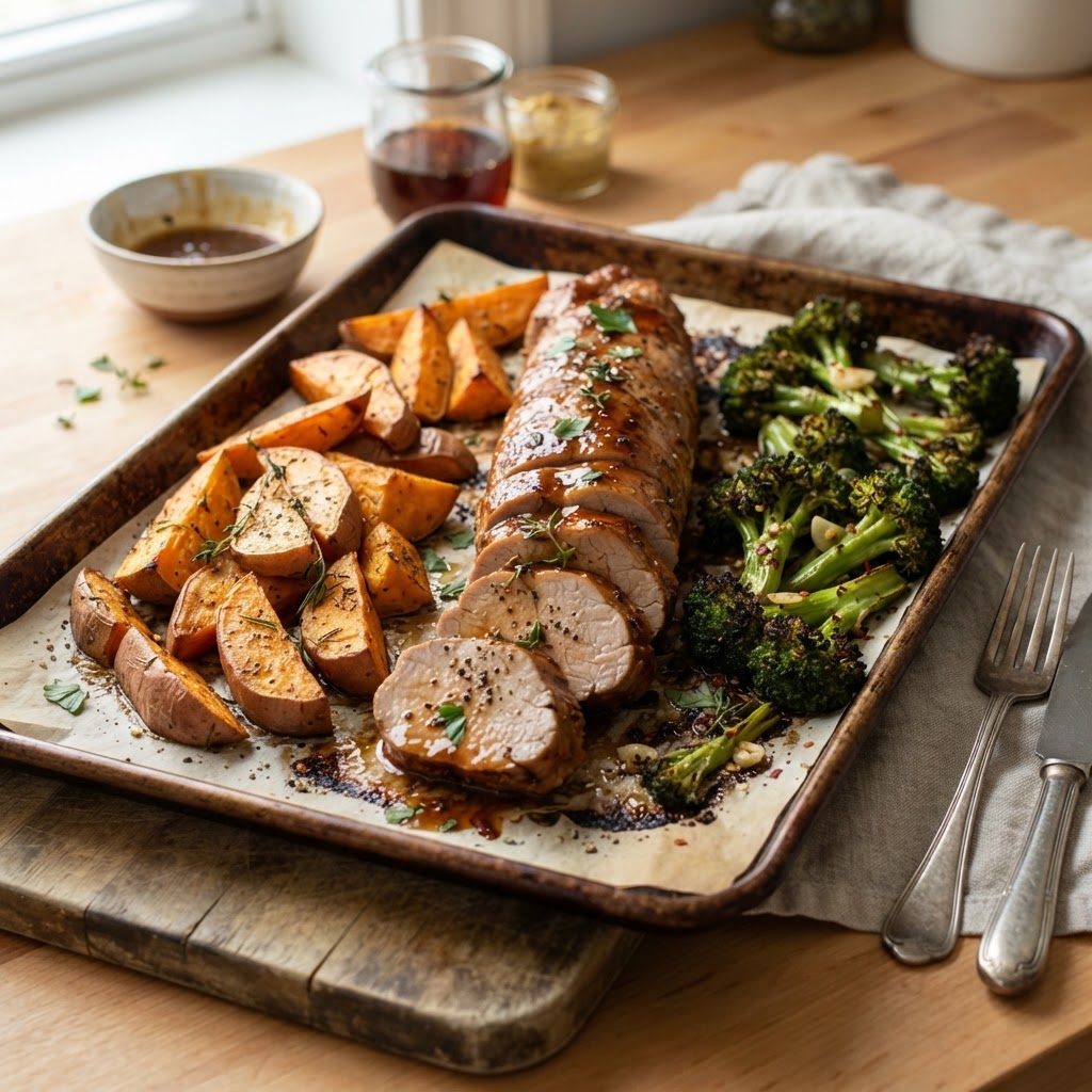 Sheet Pan Pork Tenderloin with Sweet Potatoes and Broccoli