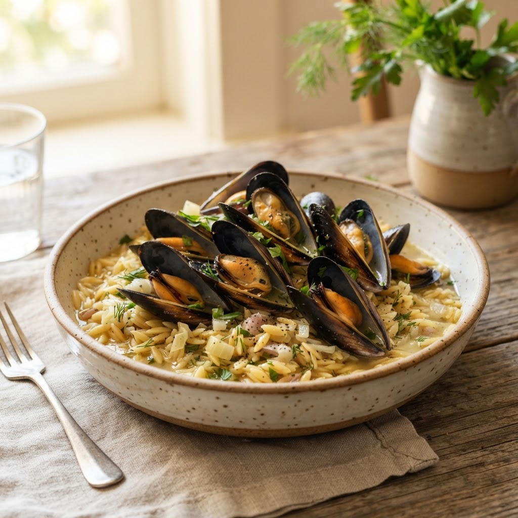 Lemon Herb Steamed Mussels with Toasted Orzo