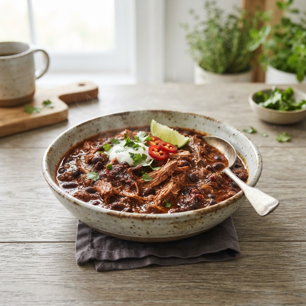 Ancho-Coffee Braised Pork and Black Bean Chili