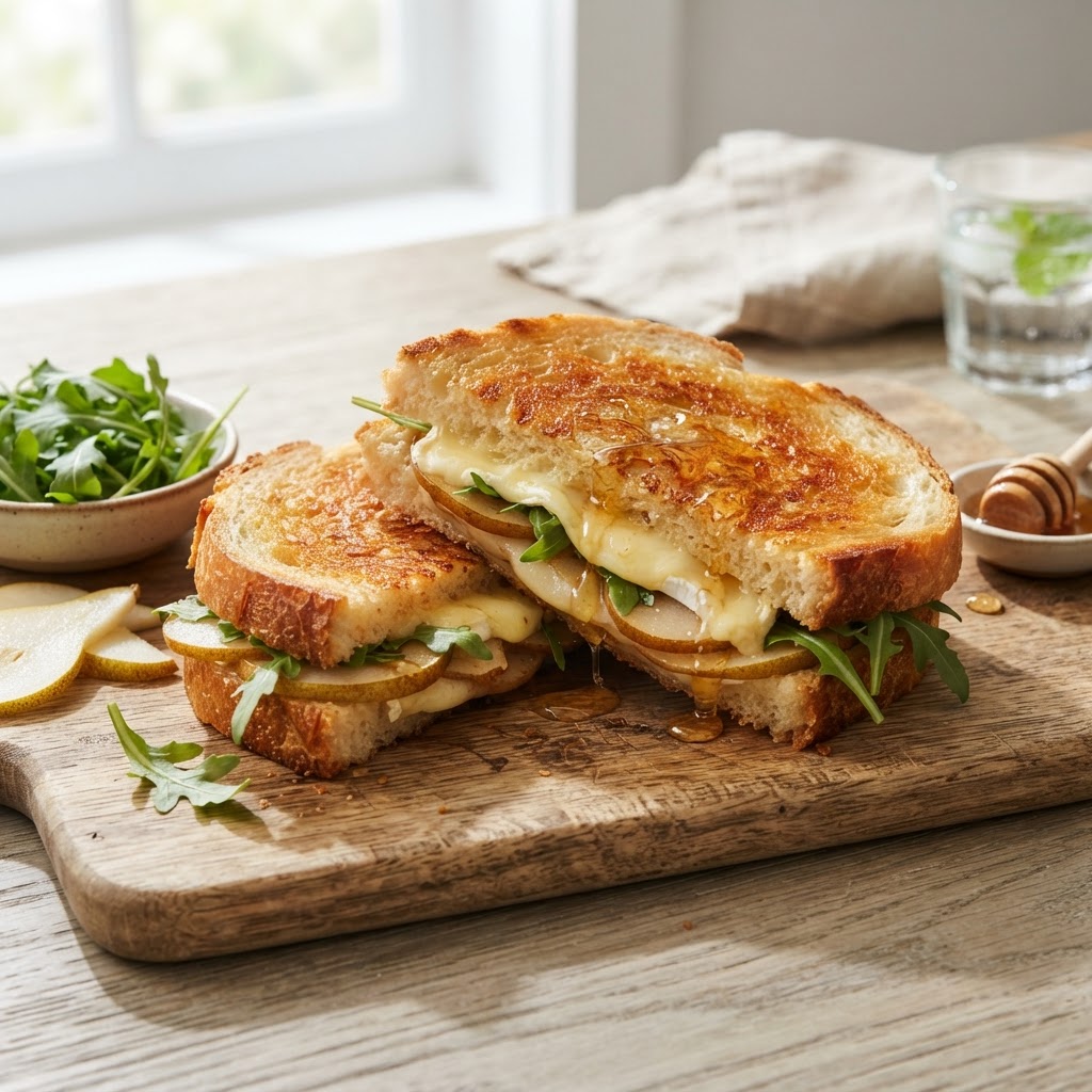 Pear and Brie Grilled Cheese with Arugula and Honey
