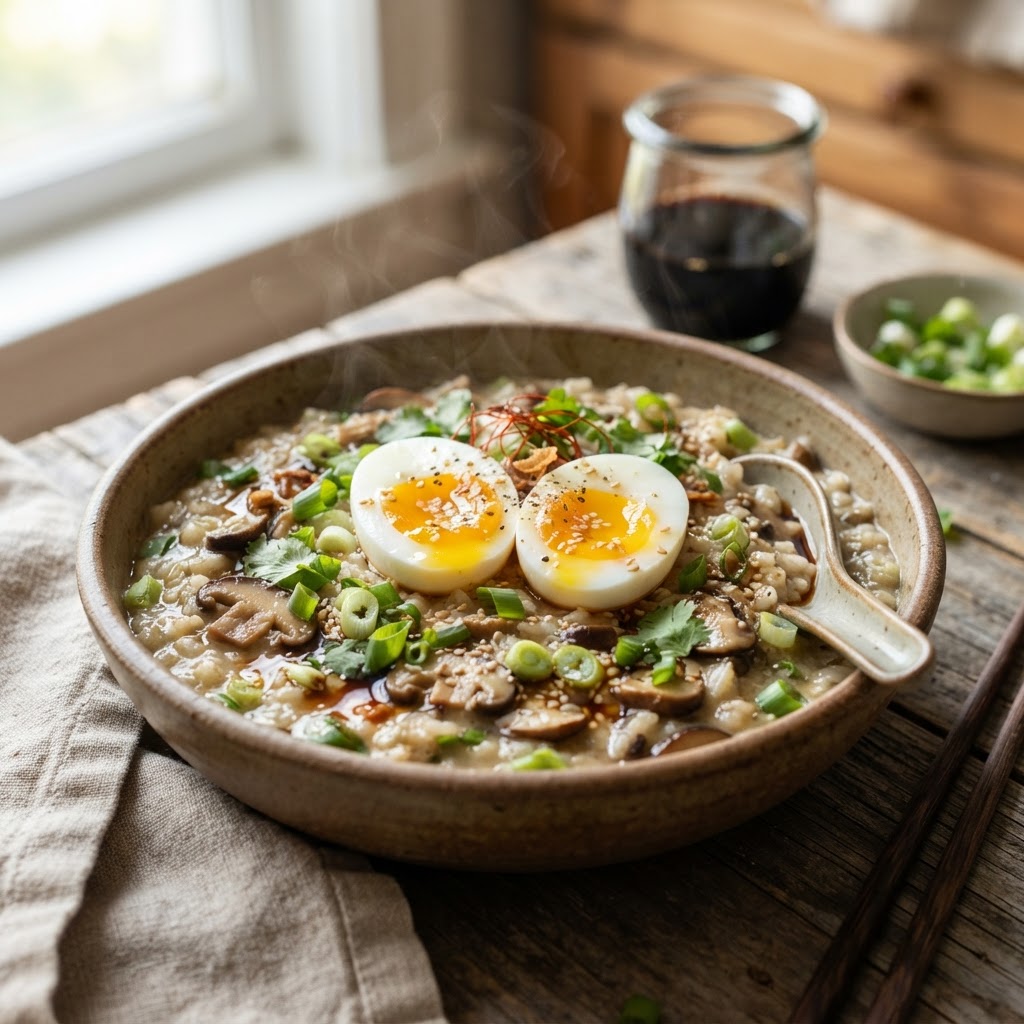 Mushroom Scallion Congee with Soft Eggs