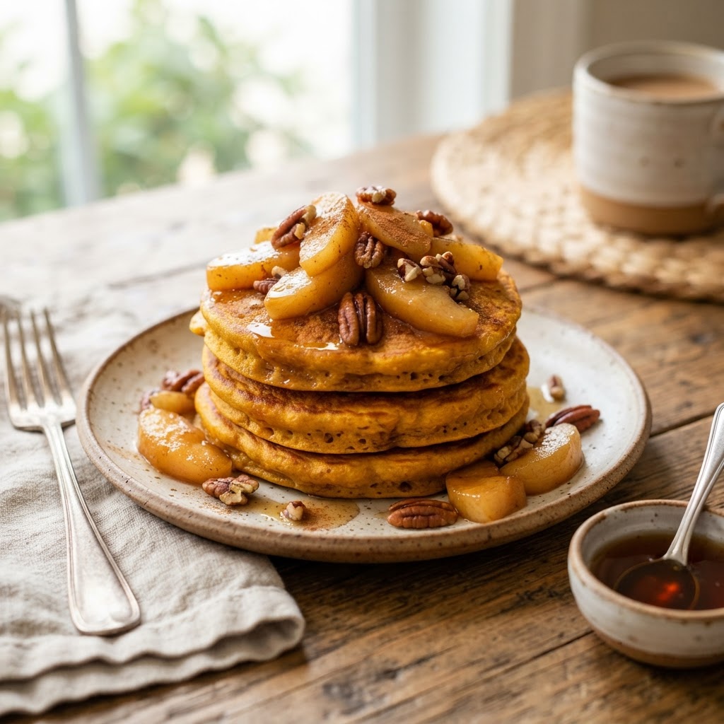 Pumpkin Ricotta Pancakes with Maple Apples