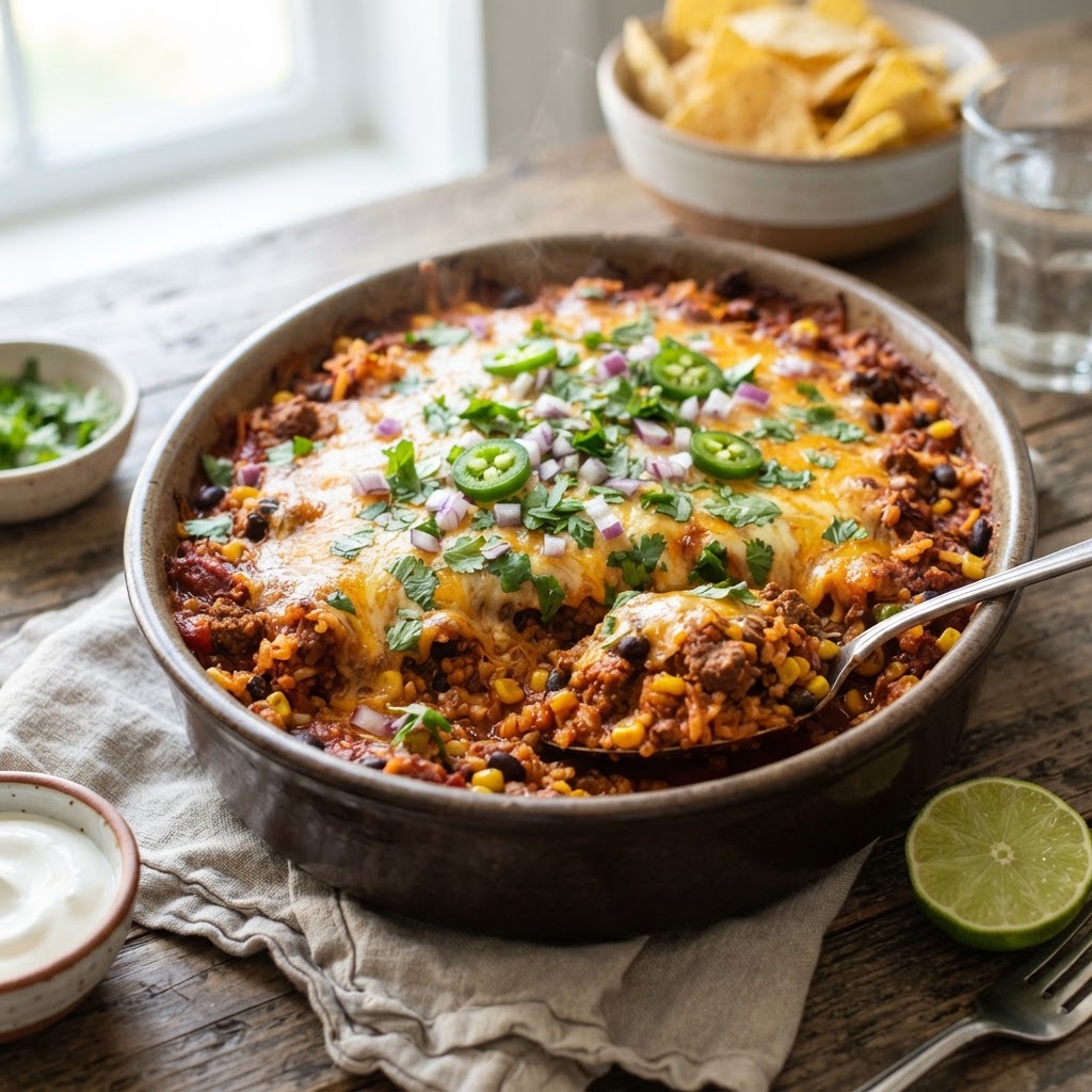 Beef Enchilada Rice Bake