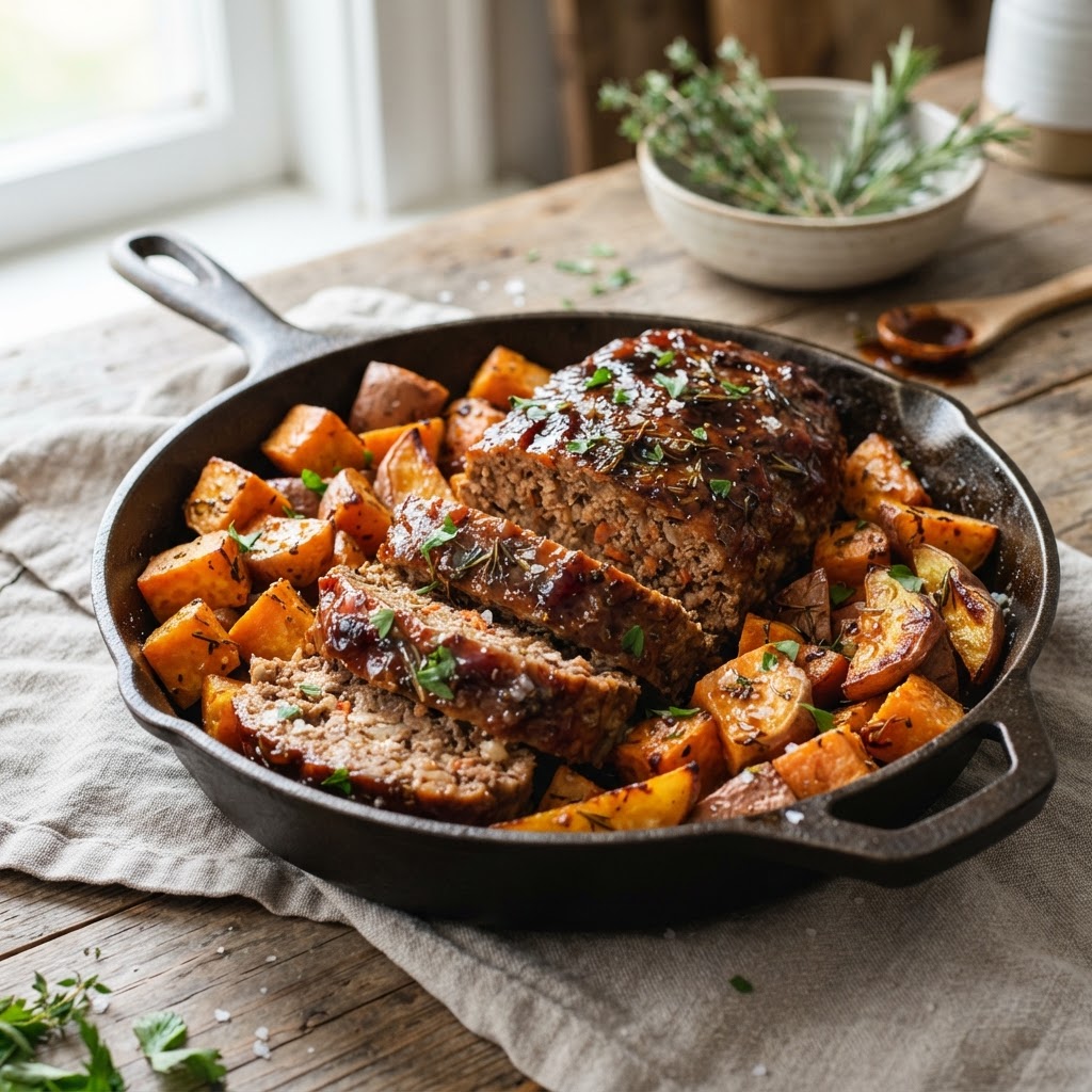 Maple Balsamic Meatloaf with Sweet Potatoes