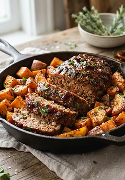 Maple Balsamic Meatloaf with Sweet Potatoes