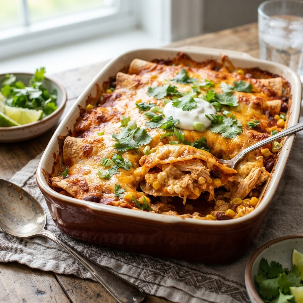 Cottage Cheese Chicken Enchilada Bake
