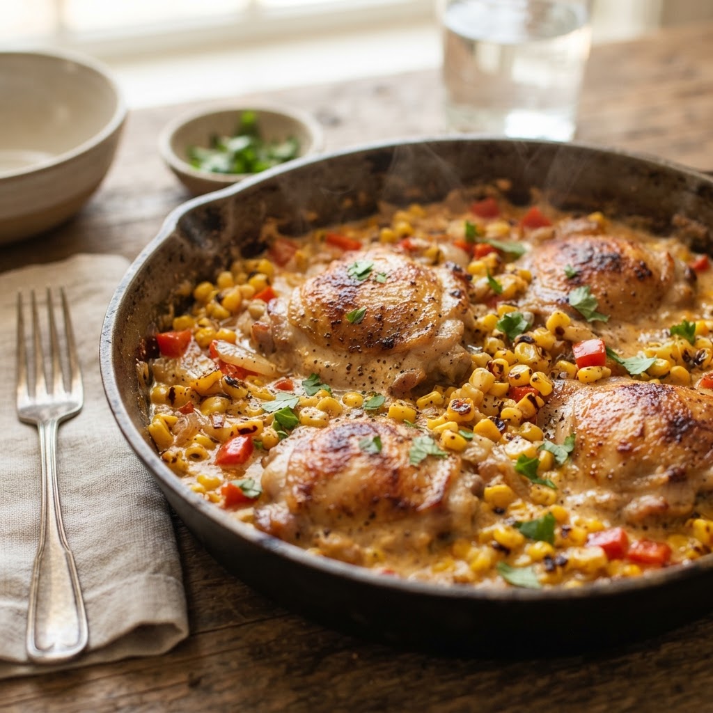Creamy Roasted Corn and Chicken Skillet
