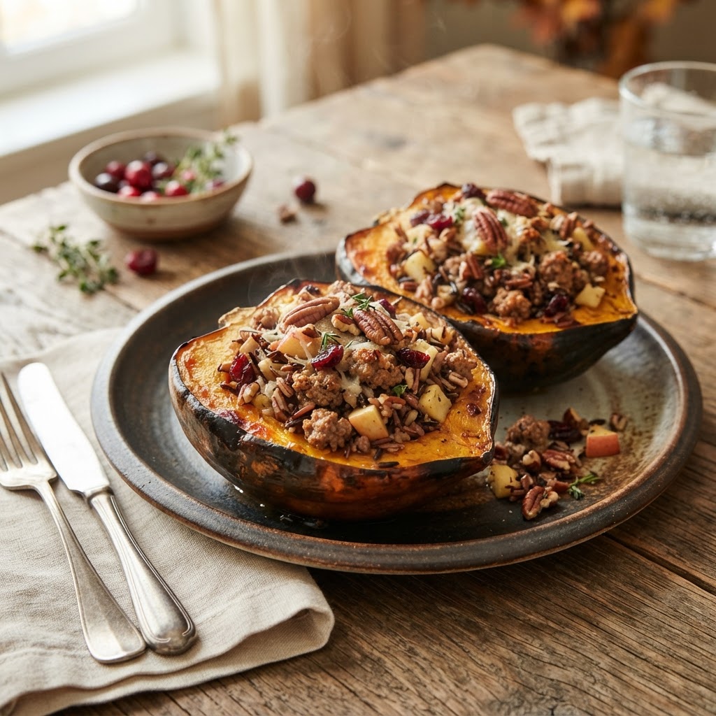 Sausage-Stuffed Acorn Squash with Wild Rice, Apple and Cranberries