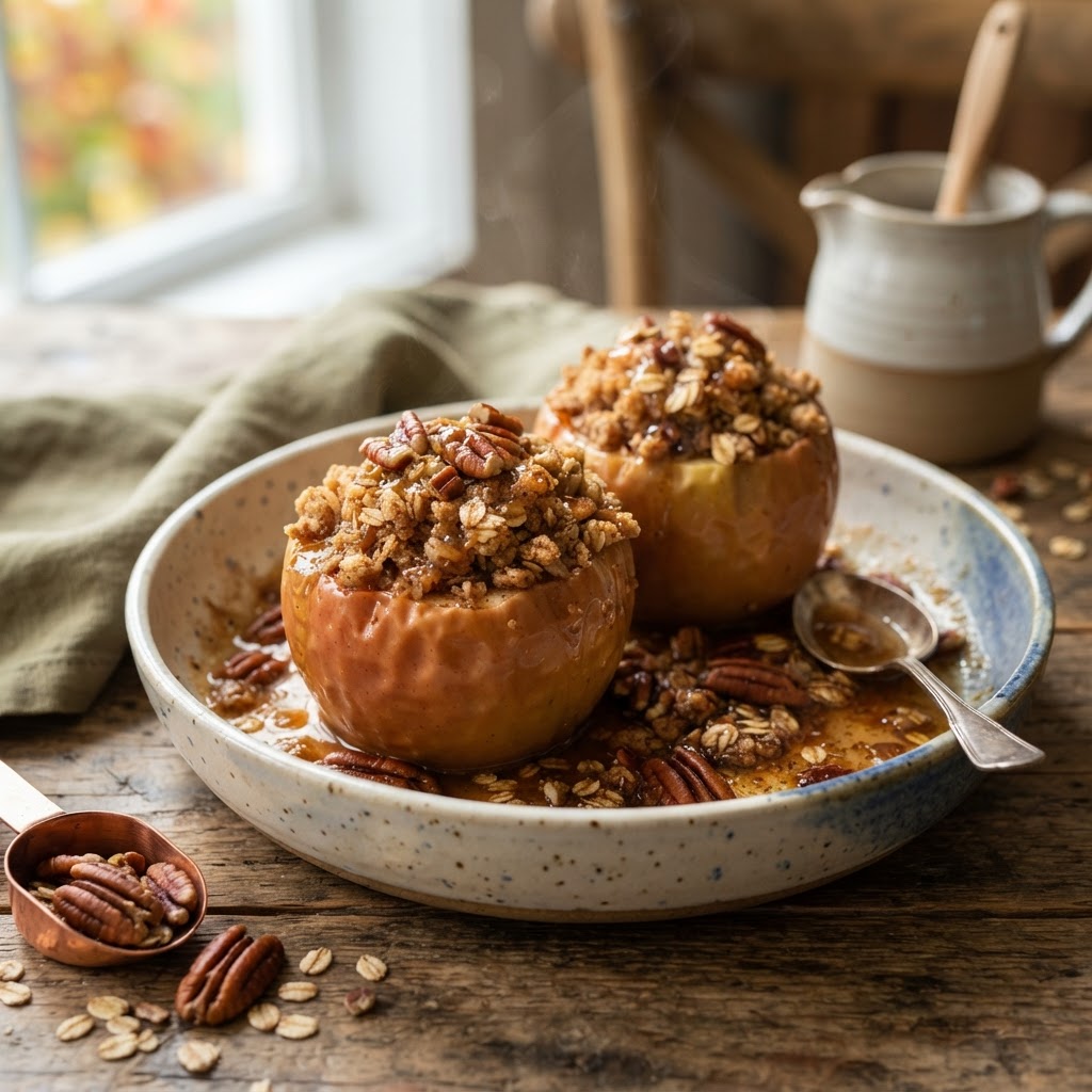 Maple Miso Baked Apples with Oat Crunch