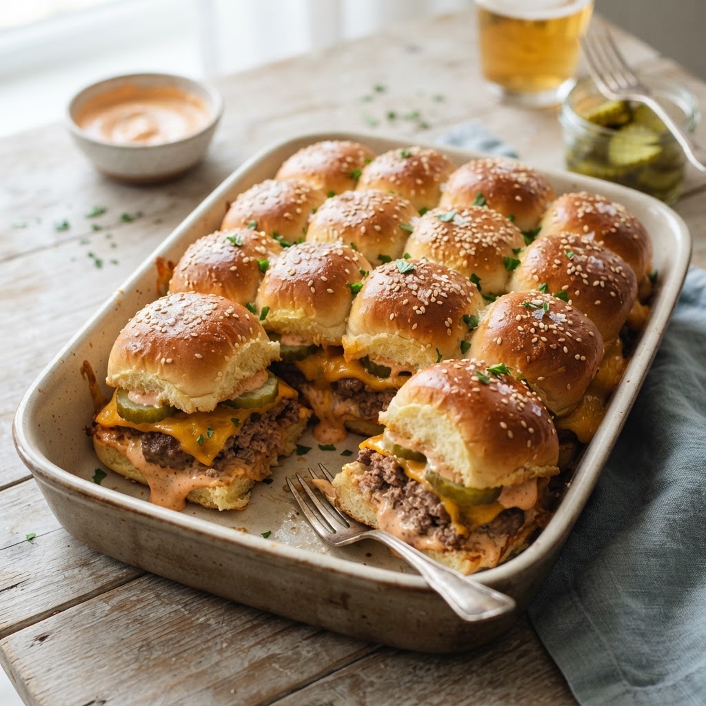 Baked Cheeseburger Sliders with Burger Sauce