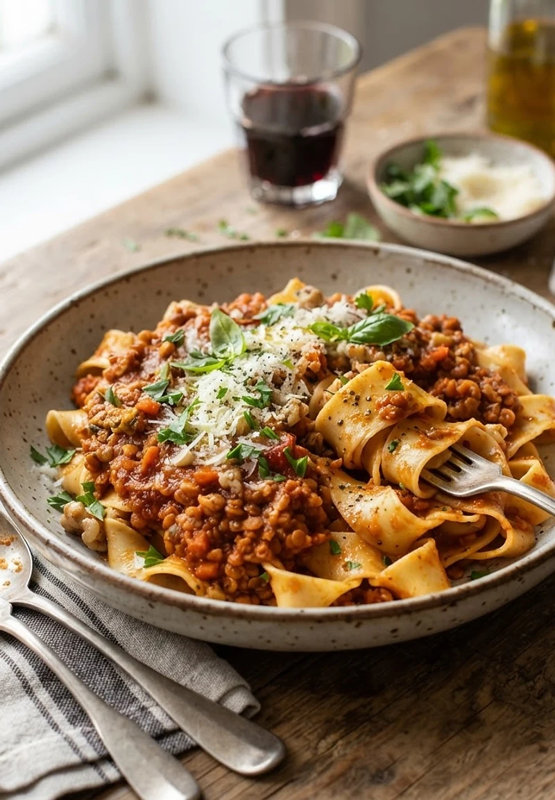 Red Lentil Bolognese with Walnuts