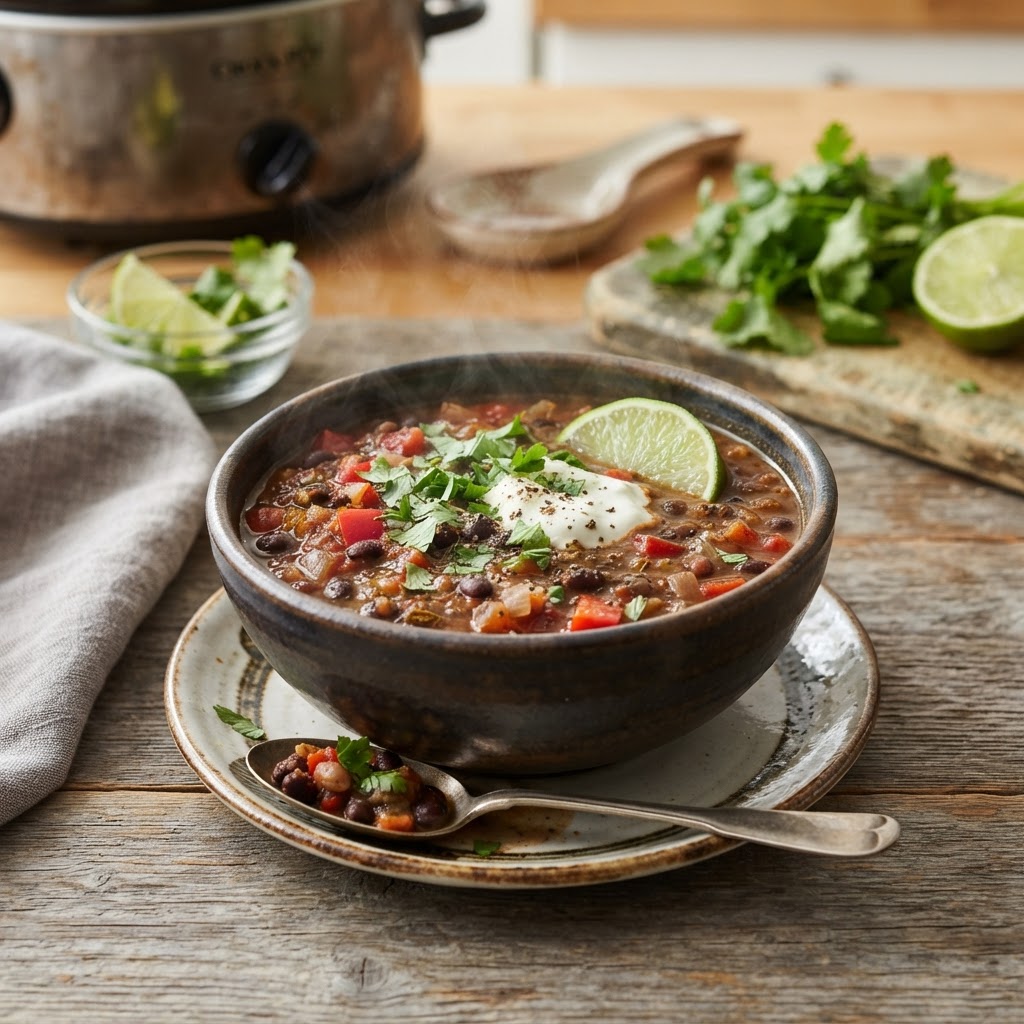 Slow Cooker Black Bean Soup with Lime and Cilantro