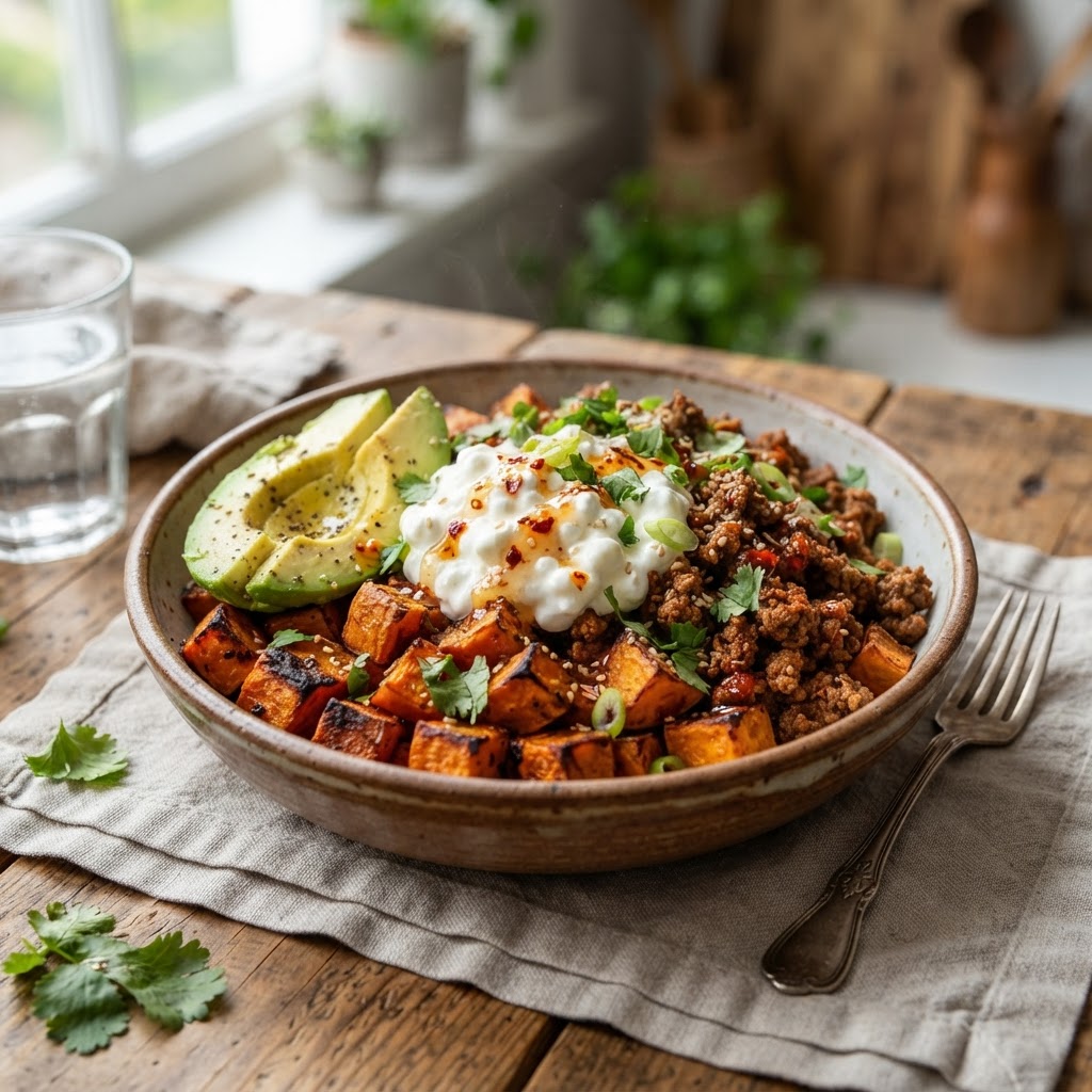 Hot Honey Sweet Potato Beef Bowls with Cottage Cheese