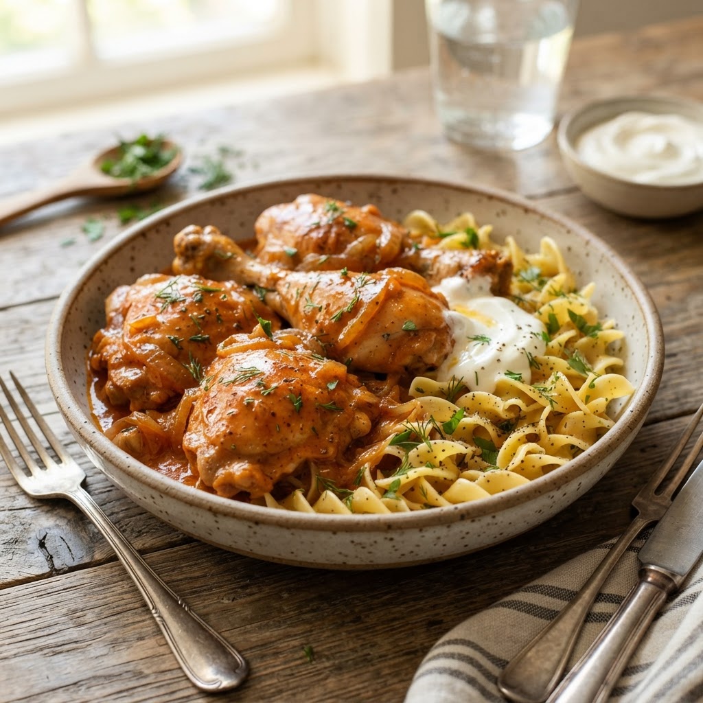 Chicken Paprikash with Buttered Noodles