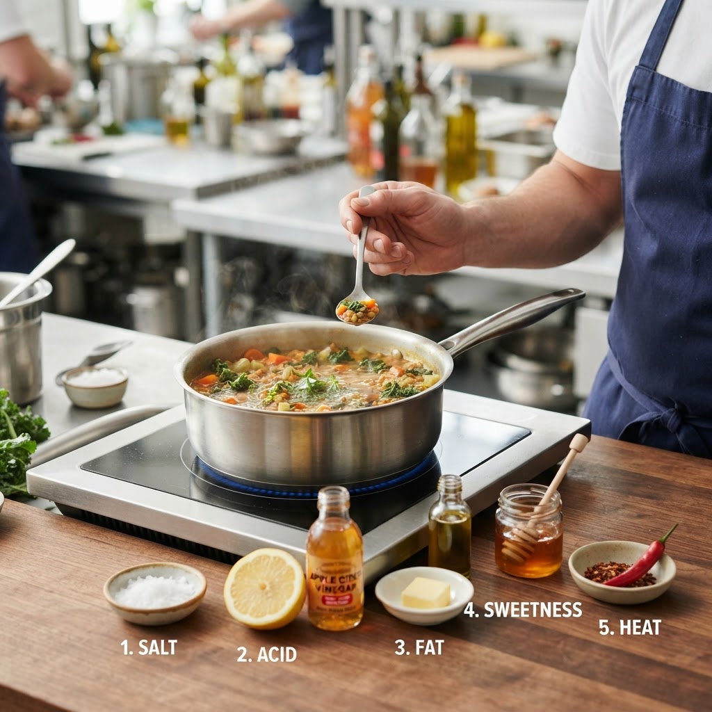 How to Taste a Dish Before Serving: Salt, Acid, Fat, Sweetness, and Heat