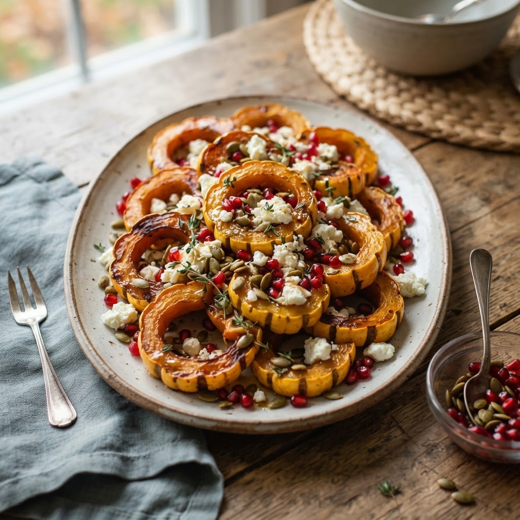Roasted Delicata Squash with Feta, Pomegranate, and Pepitas