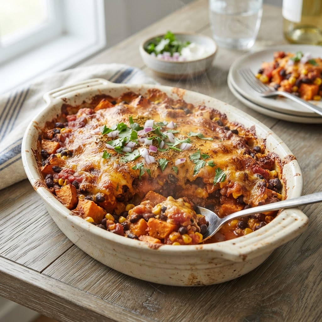 Cheesy Sweet Potato Black Bean Casserole