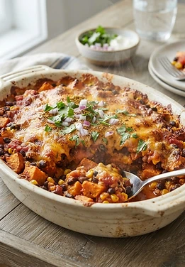 Cheesy Sweet Potato Black Bean Casserole
