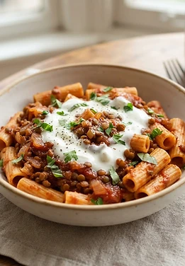 Lentil and Tomato Pasta with Garlicky Yogurt