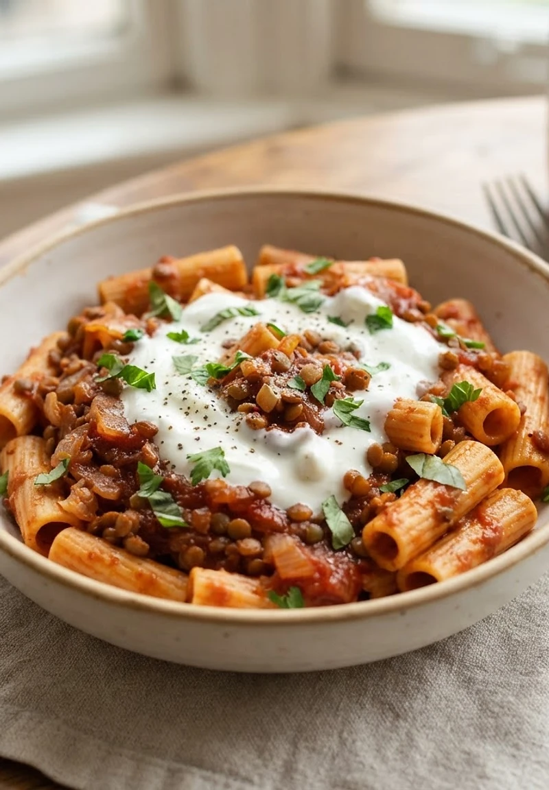 Lentil and Tomato Pasta with Garlicky Yogurt