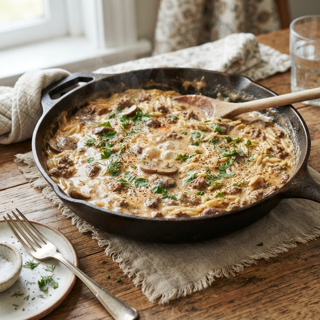 One-Pot Beef Stroganoff Orzo