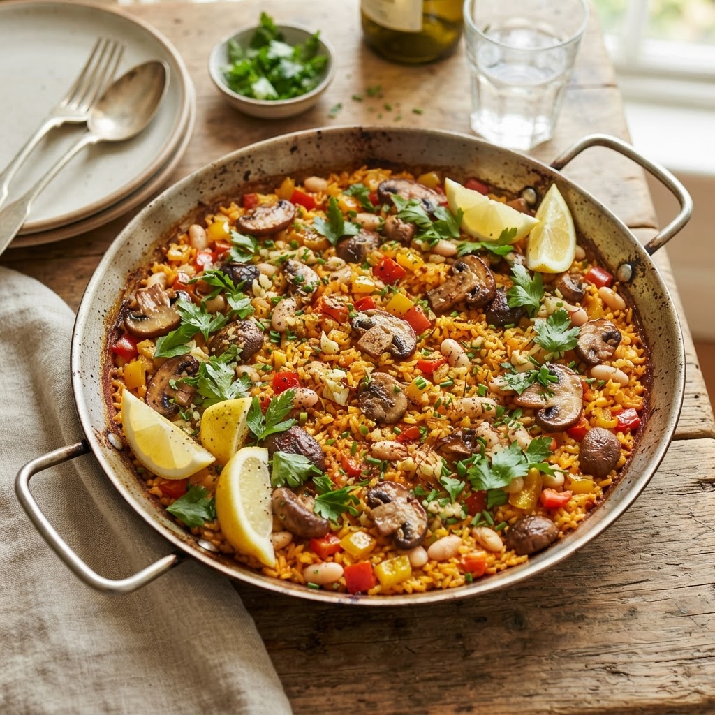 Spanish Mushroom White Bean Paella