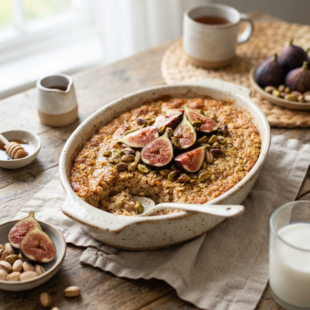 Fig Cardamom Baked Oatmeal with Pistachios