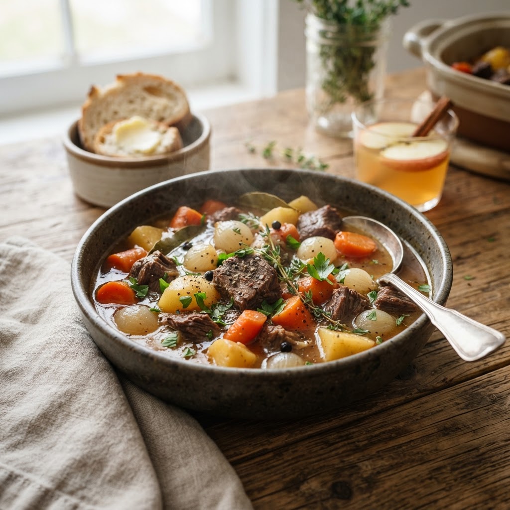 Apple Cider Beef Stew with Carrots and Potatoes