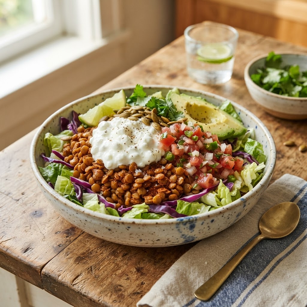 Lentil Cottage Cheese Taco Bowl