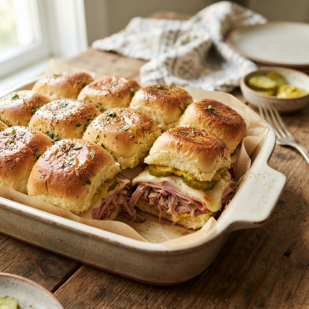 Baked Cuban Sliders with Pulled Pork, Ham, Swiss and Pickles