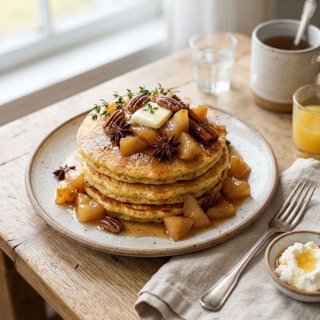 Ricotta Polenta Pancakes with Pear Compote