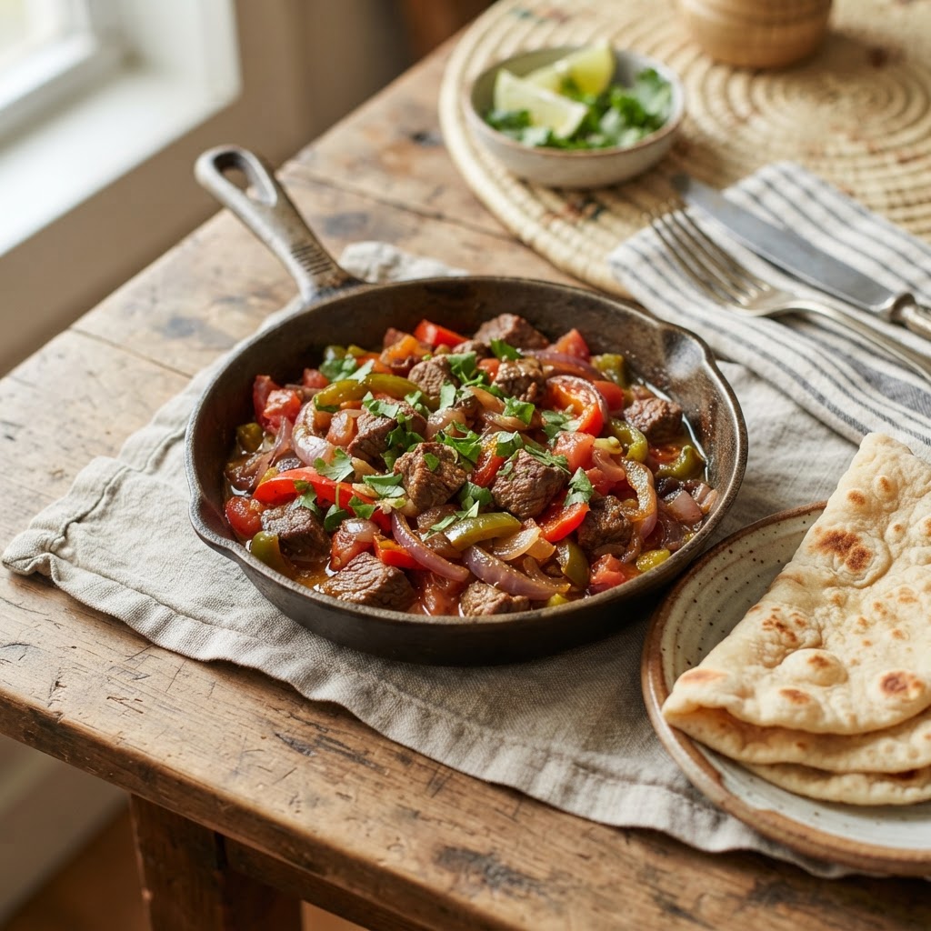 Somali Beef Suqaar with Peppers and Flatbread