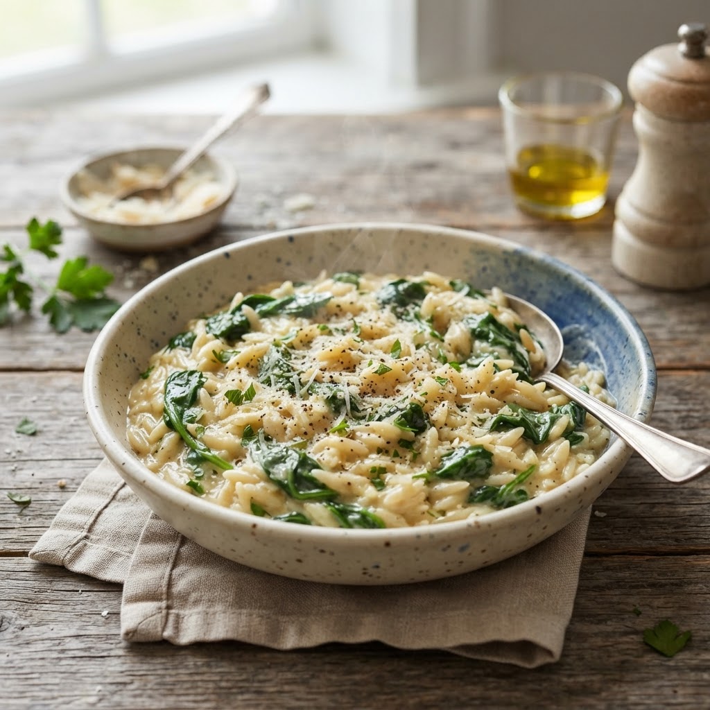 Creamy Garlic Parmesan Orzo with Spinach