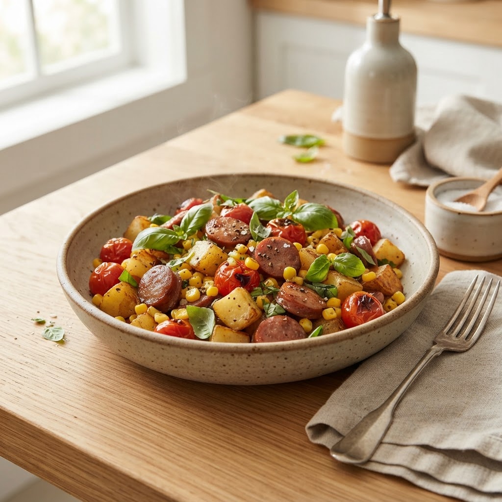 Skillet Sausage and Potato Hash with Corn and Tomatoes