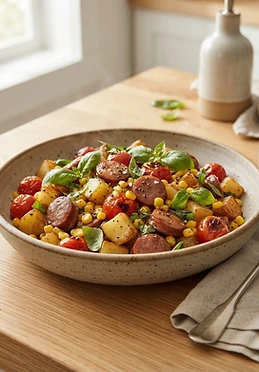 Skillet Sausage and Potato Hash with Corn and Tomatoes