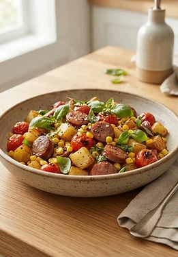 Skillet Sausage and Potato Hash with Corn and Tomatoes