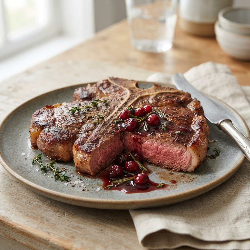 Pan-Seared T-Bone Steak with Balsamic Cranberry Reduction